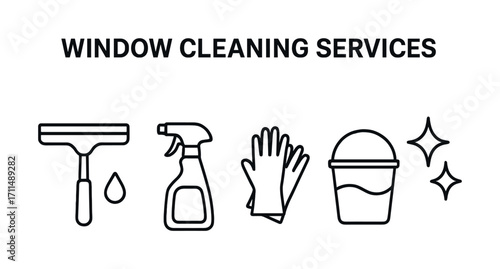 Window cleaning services icon set: squeegee, spray bottle, gloves, bucket, sparkle