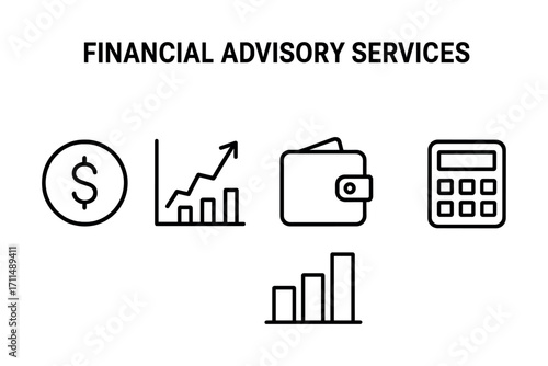 Financial advisory services icons: dollar, growth chart, wallet, calculator, bar graph