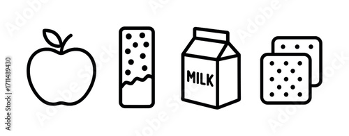 Black and white icons of apple, chocolate bar, milk carton, and crackers