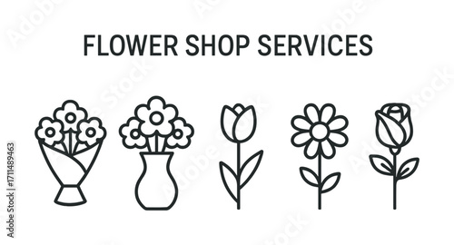 Flower shop services: bouquets and arrangements icons in black and white line art