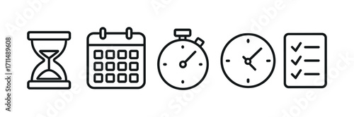 Minimalist time management icons: hourglass, calendar, stopwatch, clock, checklist