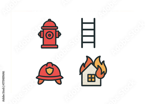 Fire safety icons set: hydrant, ladder, firefighter helmet, burning house