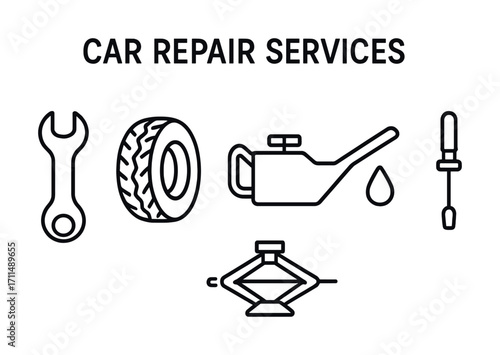 Car repair services icons: wrench, tire, oil can, jack, screwdriver