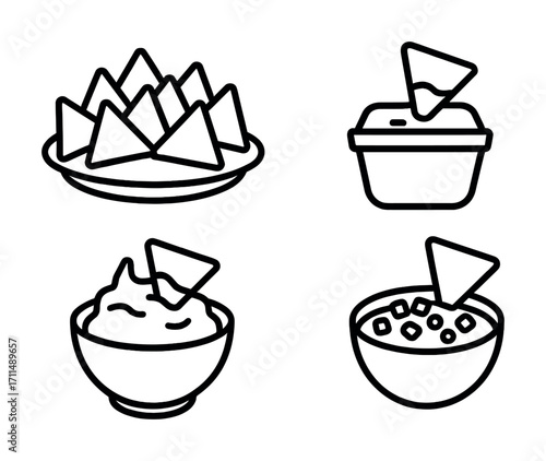 Outline icons of nachos with dipping sauces in bowls and containers