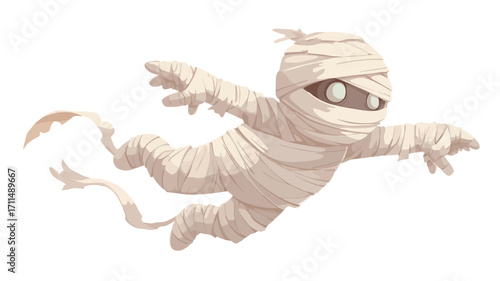 Digital illustration of a cartoon mummy. The mummy is depicted in flight, arms outstretched, with a light beige color scheme. The style is whimsical and cute, not overtly scary. 