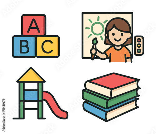 Playful learning: abc blocks, female child painting, playground, books