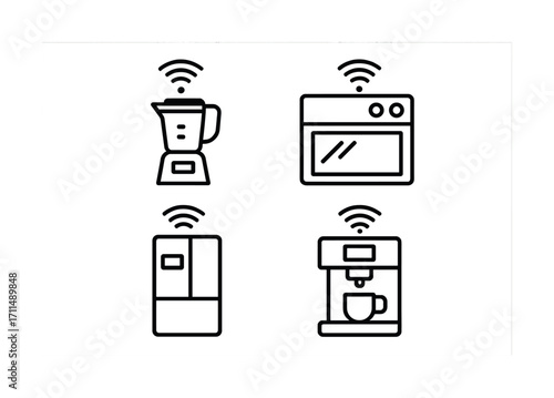 Smart kitchen appliances icon set with connectivity symbols