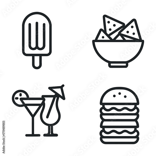 Icon set: popsicle, nachos, cocktails, burger in simple line art style