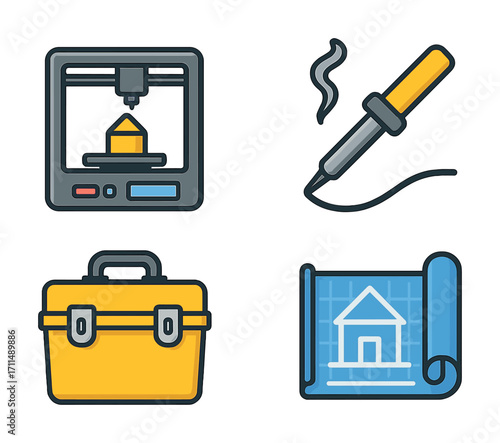 3d printer, soldering iron, toolbox, and blueprint icons