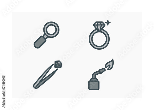 Jewelry craft icons set featuring magnifying glass, diamond ring, tweezers, and blowtorch