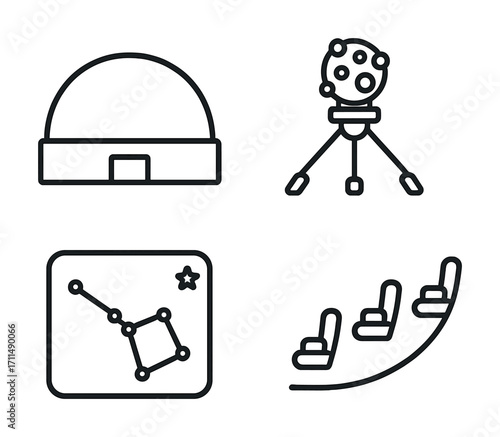 Astronomy icons set featuring planetarium, telescope, constellation map, and seating