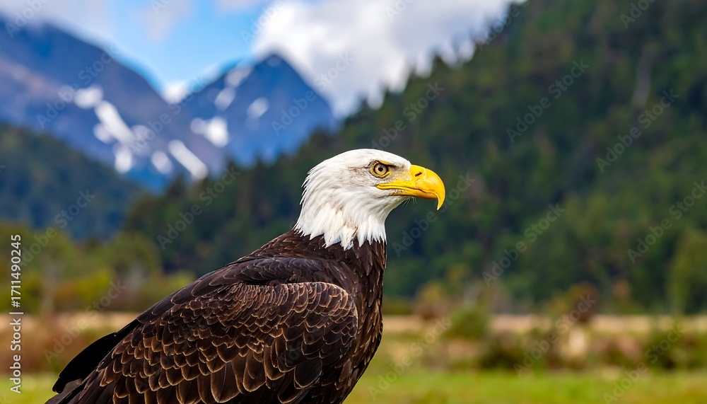 Obraz premium Bald eagle in a scenic mountain setting