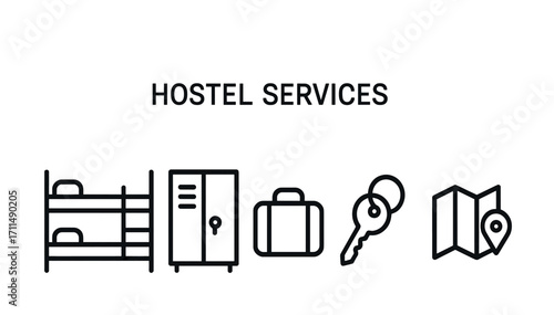 Hostel services icons: bunk bed, locker, luggage, keys, map