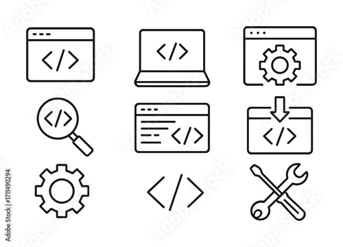 Coding tools icons set: gear, wrench, magnifying glass, brackets, folder, laptop