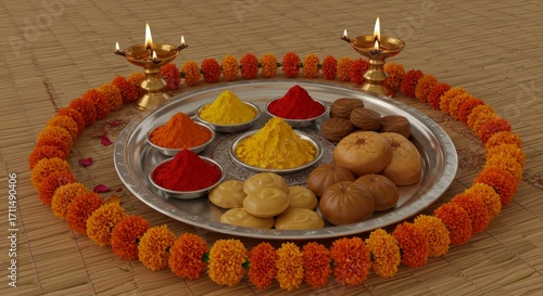 Bhai Tika, Silver plate filled with tika powders, marigold garlands and sweets, lit by warm oil lamps