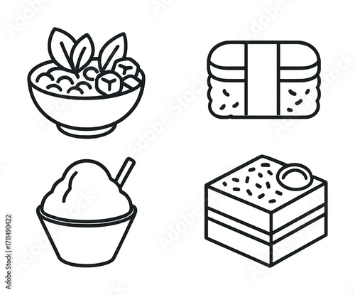 Line art icons of acai bowl, sushi, shaved ice, and cake