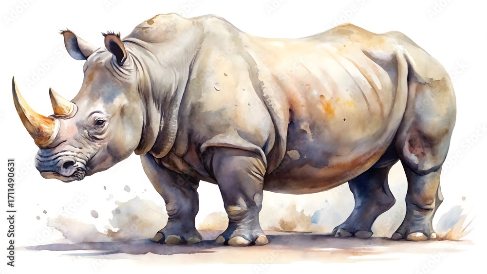 Fototapeta premium Watercolor painting of a rhino standing isolated on white background, showcasing its powerful build and horn