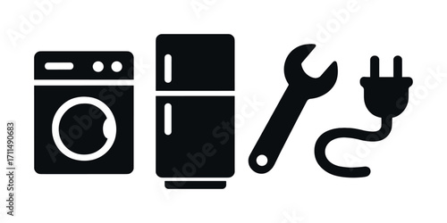 Appliance repair icons: washing machine, refrigerator, wrench, power plug