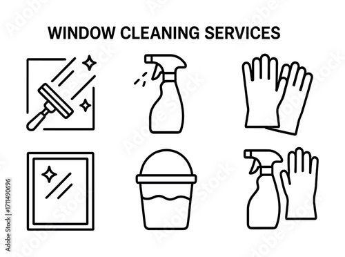 Window cleaning services icons: spray bottle, gloves, squeegee, bucket