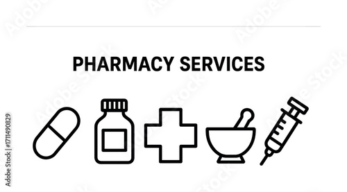 Pharmacy services icons with pill, bottle, cross, mortar, and syringe