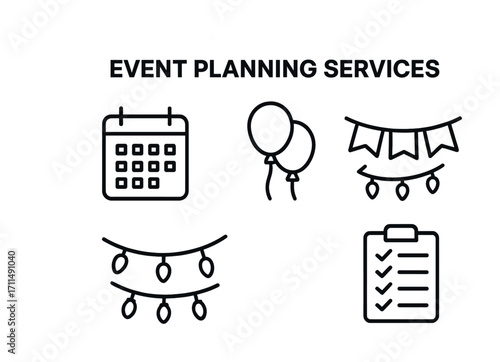 Event planning services: calendar, balloons, decorations, checklist icons