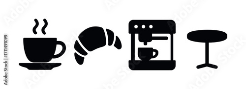 Cafe icons: coffee cup, croissant, espresso machine, bistro table silhouettes