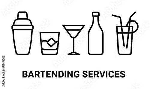 Line art icons of bartending tools and cocktails for bartending services