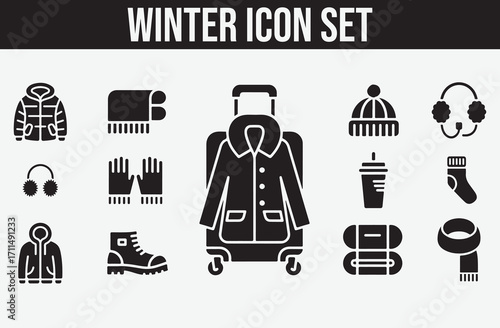  Vector Winter Clothes Icon Set with Line Style Editable Stroke Including Warm Jacket Hat Scarf Gloves Shoes Pants Socks Sweater and Fleece Jacket Isolated on White Background