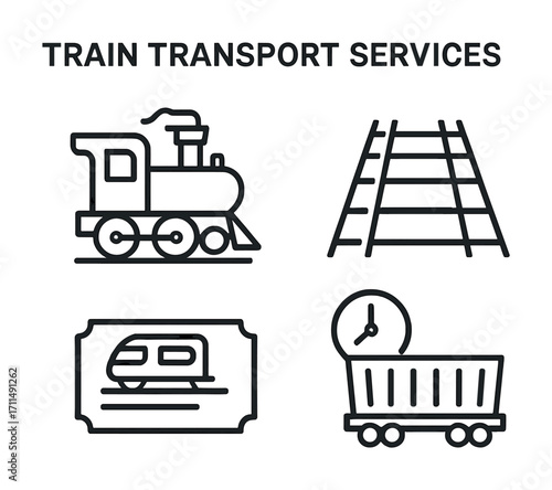 Train transport services: steam engine, railway tracks, ticket, and clock icon set