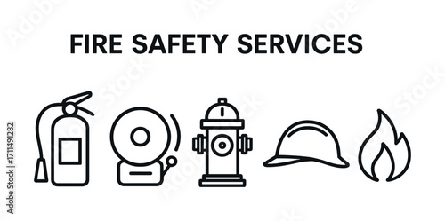 Fire safety services icons: extinguisher, alarm, hydrant, helmet, flame