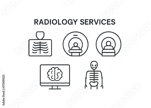 Radiology services: x-ray, ct and mri scan icons with skeleton and brain diagnostics