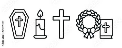 Funeral symbols: coffin, candle, cross, wreath in black and white line art