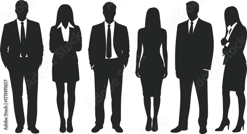 Business people silhouettes standing together, professional men and women in formal office attire, teamwork concept, corporate staff illustration, leadership, success