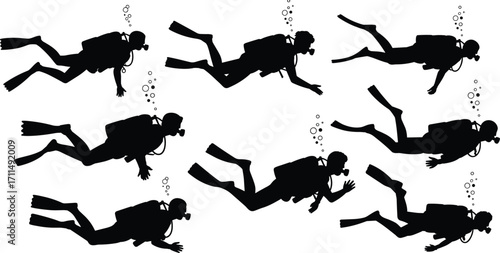Scuba divers silhouettes underwater, diving with oxygen tanks, swimming with fins, bubbles rising, marine life exploration, deep ocean adventure, aquatic sport, snorkeling