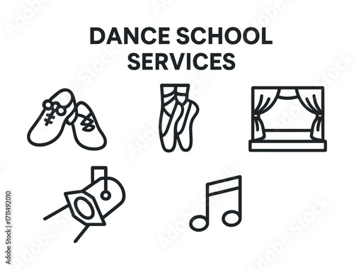 Dance school services icons: shoes, stage, lighting, music notes