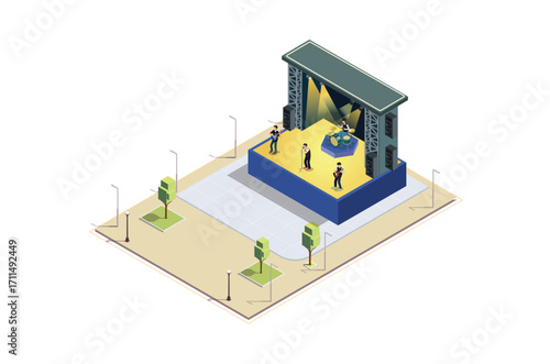 isometric Illustration of a Music Event stage, 3d Concept Isometric View of Concert Party Background and Stage Landscape.