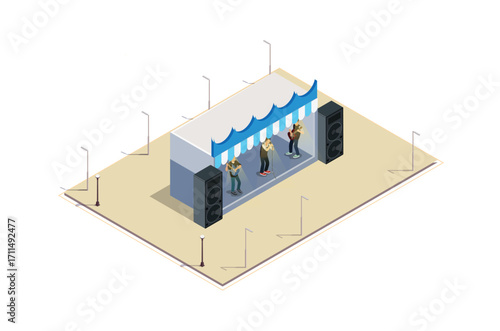 isometric Illustration of a Music Event stage, 3d Concept Isometric View of Concert Party Background and Stage Landscape.