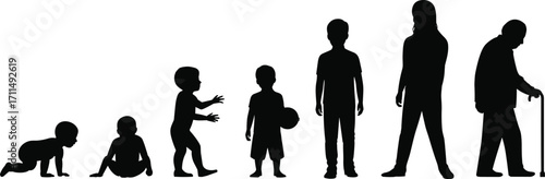 Silhouette of human life stages from baby crawling to elderly with cane, growth, childhood, adulthood, aging, concept design illustration.