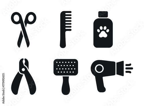 Pet grooming essentials: scissors, comb, shampoo, clippers, brush, hairdryer icons