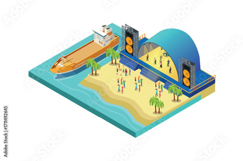 Illustration of a music event festival on a beach with blue sea, highway and parked vehicles in a row, 3d concept of isometric view of concert party background and stage landscape.