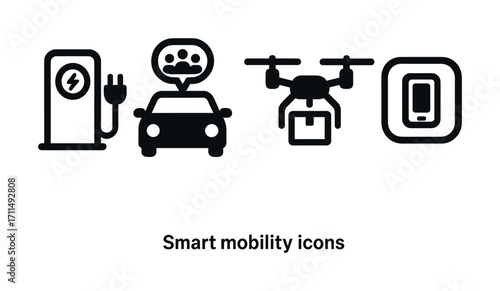 Smart mobility icons: electric charging, ride sharing, drone delivery, app integration