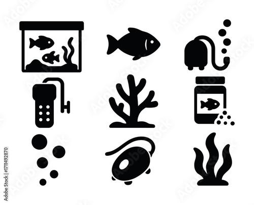 Aquarium elements: fish, plants, filter, accessories, bubbles