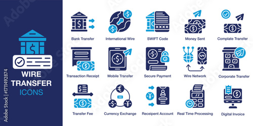 Wire Transfer icon set. Containing cash, online, network, transaction, financial and more. Solid vector icons collection. Vector illustration.
