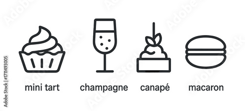 Outline icons of mini tart, champagne, canapé, and macaron in simple style