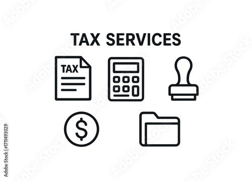 Black icons representing tax services including document, calculator, and financial symbols
