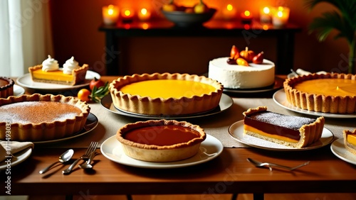 Festive dessert table with assorted pies and cakes