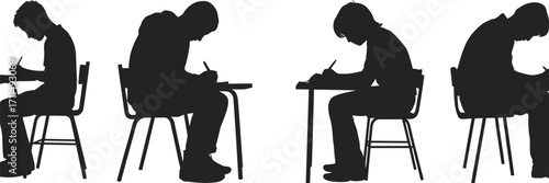 Silhouette of students sitting at school desks writing exams, education, studying, learning, classroom, college, university, academic test illustration.