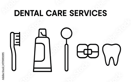 Dental care services icons: toothbrush, toothpaste, dental tools, floss, tooth