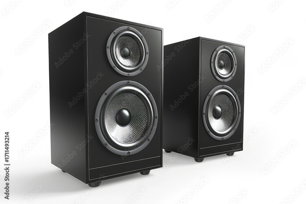 Obraz premium Two black audio speakers designed for high-quality sound reproduction.
