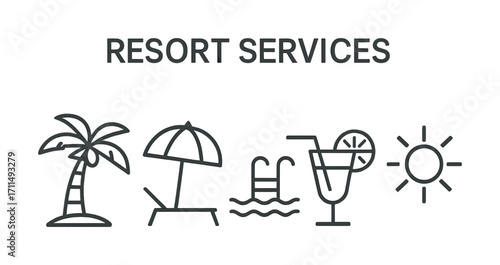 Resort services icons: palm tree, beach chair, swimming pool, cocktail, sun